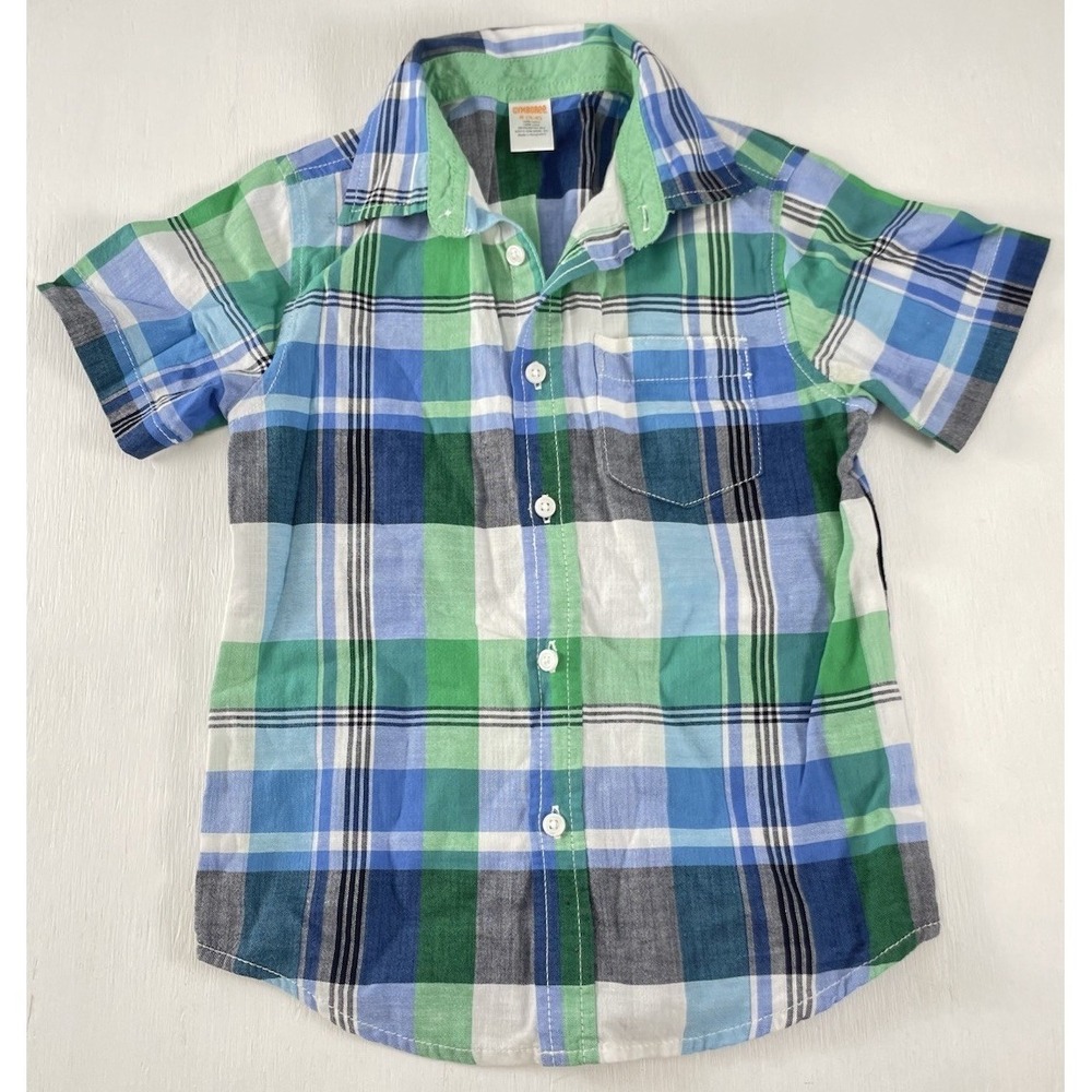Gymboree Summer Picnic Boys Short Sleeve Button Down Plaid Shirt Size Small 5/6